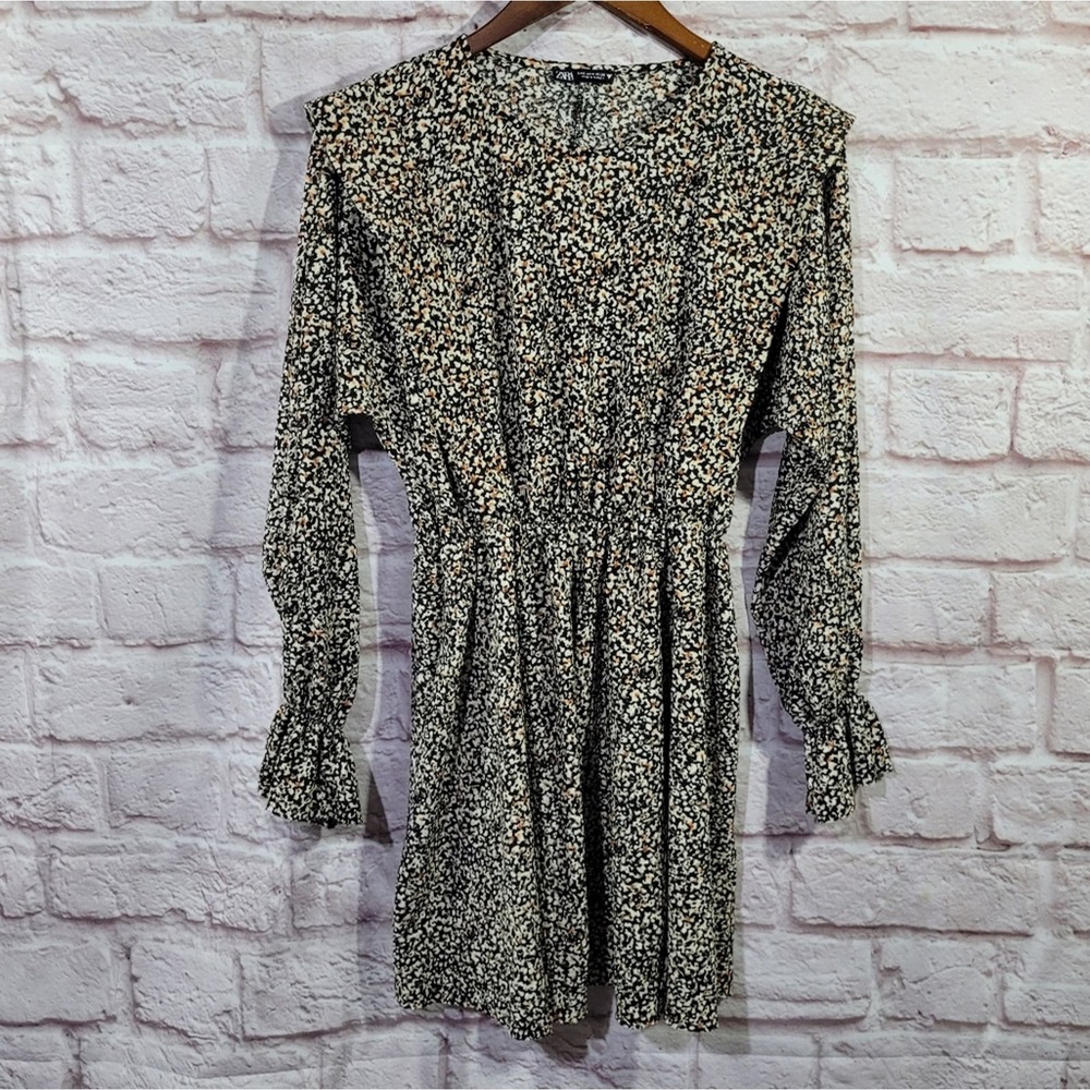 Zara Speckled Ruffle Smocked Long Sleeve Mini Dress